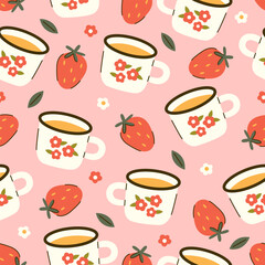 Seamless vector pattern with floral mugs and strawberries. Country style pink background with cute cups. Cottagecore texture for wallpaper, wrapping paper, textile design