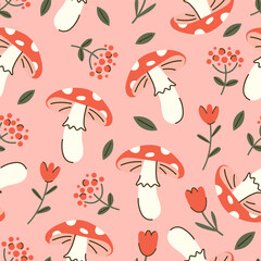 Seamless vector pattern with amanita, red flowers and leaves. Pink background with mushrooms and tulips. Hand drawn cotagecore texture for wallpaper, wrapping paper, textile design