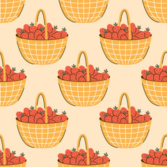 Seamless vector pattern with wicker strawberry basket. Background with summer berries in flat style. Cottagecore design. Farming and gardening texture