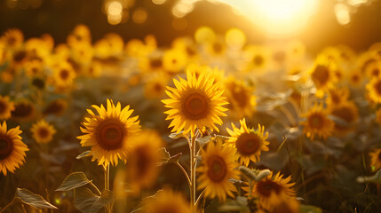 A sunflower field, with golden sunlight as the background, during a lazy summer afternoon