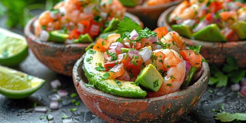Wooden Bowl With Shrimp and Vegetables