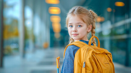 une petite fille avec un cartable jaune se retourne pour nous regarder - dans une école - obrazy, fototapety, plakaty