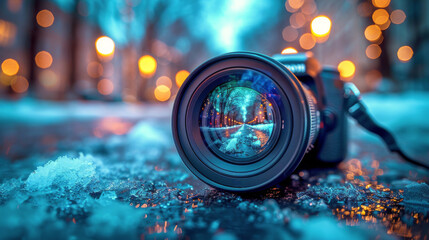 Camera Lens in Snow - 764665529