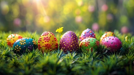 Fototapeta na wymiar Group of Painted Eggs in Grass