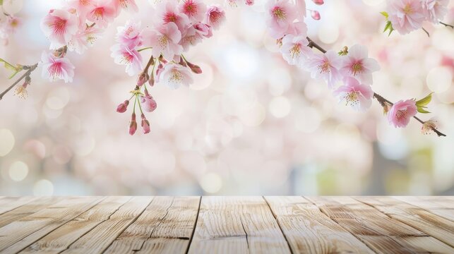 White wooden table top with Sakura cherry blossoms on blur  background