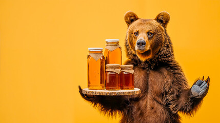 un ours présente des pots de miel sur un plateau - fond jaune