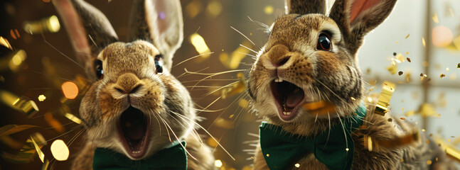two happy screaming bunnies in green dressed with bow tie