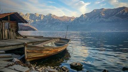 Naklejka na ściany i meble Wooden boat and old wooden dock at evening with mountains on background