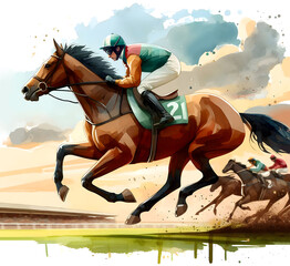 Racing horses. Jockeys on horses. Hippodrome. Racetrack. Equestrian sport. Derby. Horse sport. Watercolor painting illustration isolated on white background - obrazy, fototapety, plakaty
