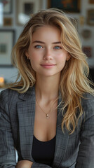 Fototapeta premium Portrait of a woman of European appearance in a business suit against the background of a modern office or business center