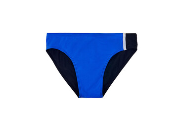 Blue stylish men's bikini for swimming isolated on white background, Comfort meets fashion: Swim trunks for men ensure style and functionality in isolated settings.