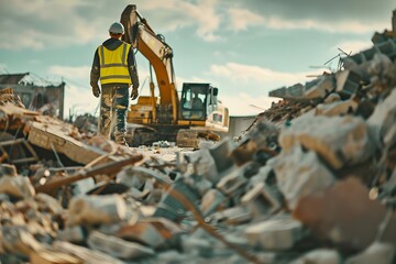 A construction laborer working on a highway project engaged in physical tasks at a demolition site. Concept Construction, Laborer Work, Highway Project, Physical Tasks, Demolition Site