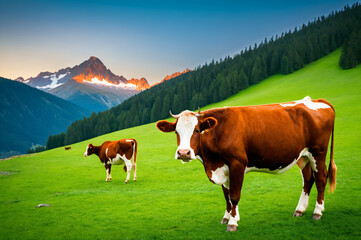 Fototapeta na wymiar Cows grazing on green alpine meadows.