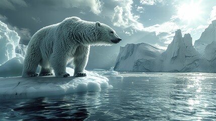 A resourceful polar bear utilizes ice fragments to bridge gaps, showcasing creative problem-solving and unwavering persistence. - obrazy, fototapety, plakaty