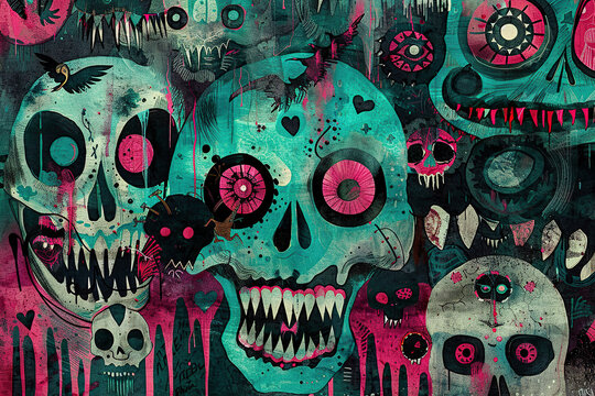 A painting featuring a group of skulls with pink eyes arranged in an abstract, pop art style.