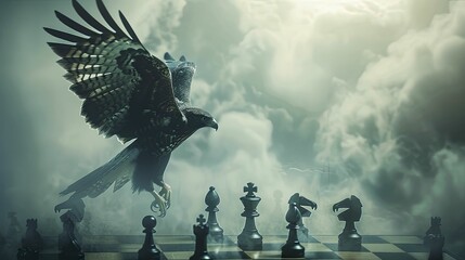 The hawk's keen gaze above the chessboard reflects market strategies, embodying strategic dominance and foresight. - obrazy, fototapety, plakaty