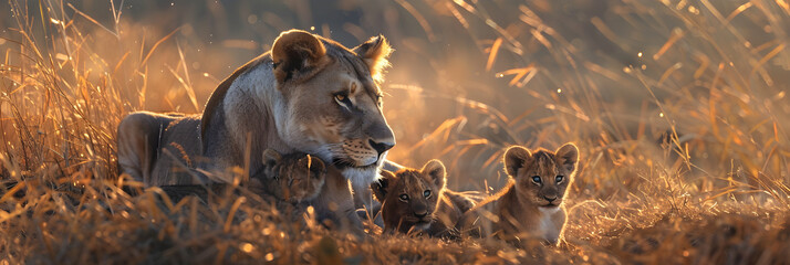 Mother Lioness with Her Playful Cubs in the Wild: An Aura of Power, Beauty, and Innocence - obrazy, fototapety, plakaty