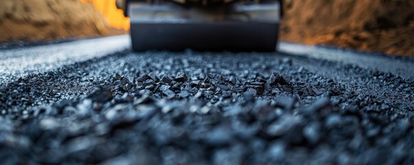 Close-up view of fresh asphalt being laid and smoothed by machinery - obrazy, fototapety, plakaty