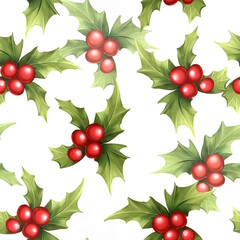 Christmas Holly seamless pattern on white background