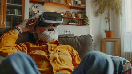 Happy old man wearing VR glasses on sofa in living room with modern technology.