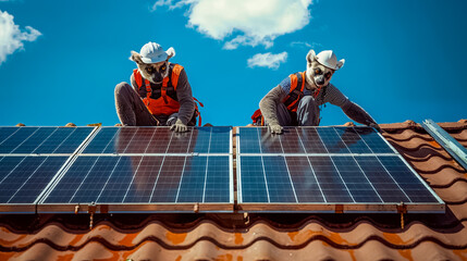 deux lémuriens sur un toit en train d'installer des panneaux solaires sur une maison