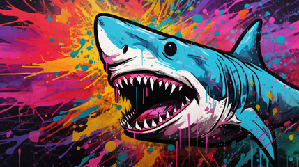 Abstract grunge urban pattern with sea monster character, Scarey Big head Shark, Super drawing in graffiti style, bright vibrant retro colors, blue, pink, orange and purple, multicolors background.