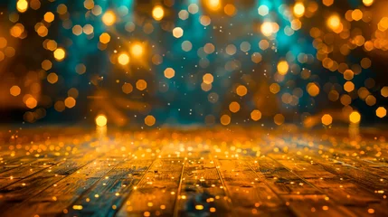 Fotobehang Warm sparkling bokeh lights on wooden floor with atmospheric glow. Ideal for festive season background, celebration event, or magical moment concept © Oksa Art