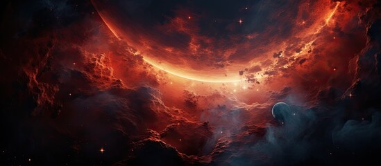 A scene featuring a planet prominently placed in the center of a vast sky - obrazy, fototapety, plakaty