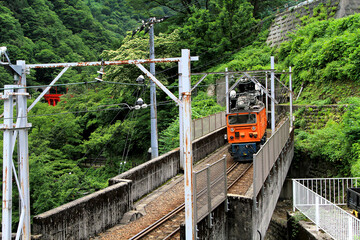 The Orange Train in Forest: A Scenic Journey Through Japan’s Kurobe Gorge