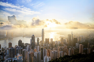 Golden Sunrise Over Hong Kong and Victoria Harbour