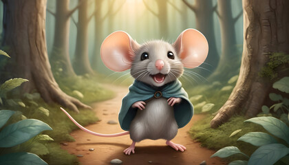 Whimsical children's book illustration featuring a brave little mouse on a grand adventure in a magical forest