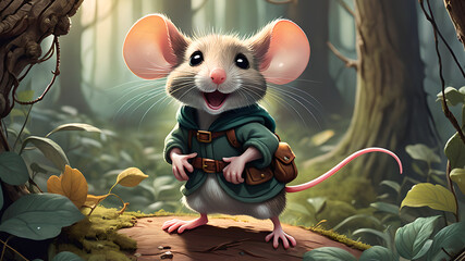 Whimsical children's book illustration featuring a brave little mouse on a grand adventure in a magical forest - obrazy, fototapety, plakaty