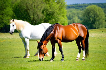 Naklejka na ściany i meble Horses grazing in a meadow on a bright sunny day.