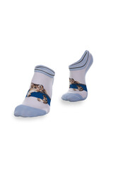 Close-up shot of a woman's white and grey printed socks. A pair of short nylon socks with cat-print is isolated on a white background. Side view.