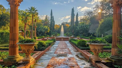 Fountain Surrounded by Potted Plants and Trees - obrazy, fototapety, plakaty