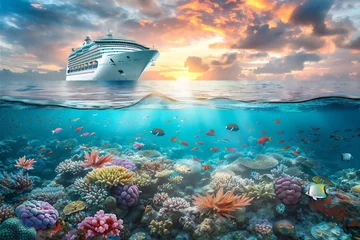 Fototapeten Cruise Ship in the sea reef with coral and various fishes under water at summer © Maizal