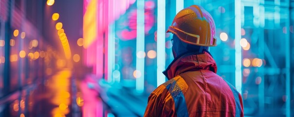 Construction worker in neon safety outfit against a backdrop of vibrant city lights at night