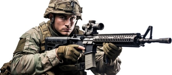 Fototapeta premium A military soldier in camouflage uniform aiming a rifle with forest trees in the background