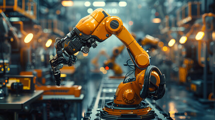 industrial machine robot smart modern factory automate, robotic arm catch for electronic assembly line. The robot for smart technology manufacturing process. Generative AI 