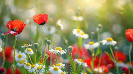 Naklejka premium chamomile and poppies on a sunny spring meadow, with empty copy space, close-up with shallow depth of field