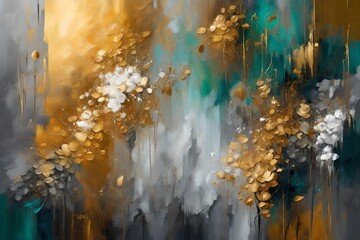 Panting abstract background. Golden brush strokes, textured background.