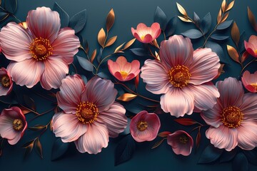 3D wallpaper with golden and pink flowers and a 3D circle backdrop pattern on the surface.