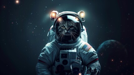 Cute astronaut cat in black space with lights on helmet - obrazy, fototapety, plakaty