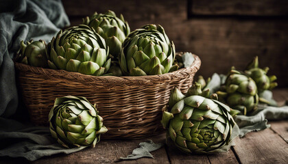 A wicker basket filled with fresh green artichokes rests on top of a wooden table