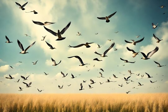 A black and white photo capturing a flock of birds in flight. This versatile image can be used in various creative projects