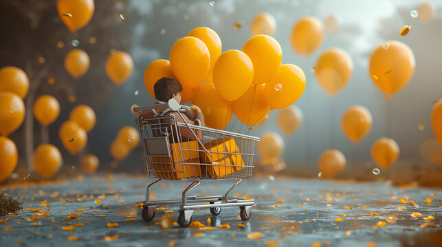 Supermarket cart with yellow and orange balloons and gifts. E commerce. Colorful Surprises, Shopping card full of presents. Gift boxes, Generative AI 