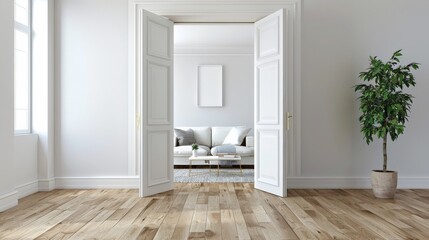Fototapeta premium Half open door into the apartment with modern living room