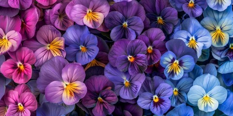 Beautiful colorful violets flowers as background, top view