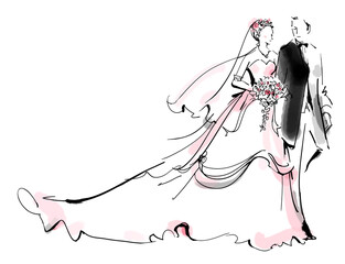 Bride and groom in tuxedo and wedding dress at wedding