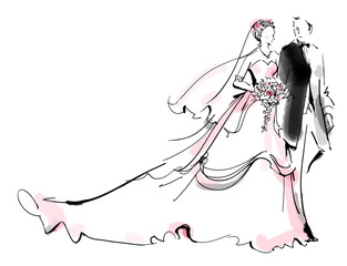 Bride and groom in tuxedo and wedding dress at wedding